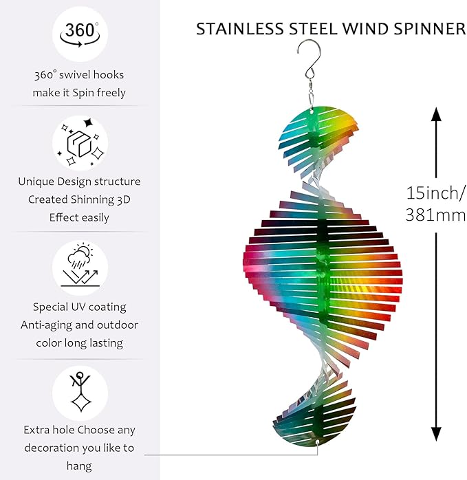 Wind Spinner Rainbow Wave Wind Spinners for Yard and Garden,15in Hanging Kinetic Yard Art Wind Sculpture,3D Wind Spinners Outdoor & Indoor Rainbow Helix Garden Decor Christmas Ornaments