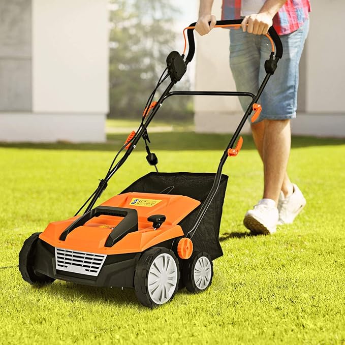 Goplus 2-in-1 Electric Corded Lawn Dethatcher with 5 Cutting Heights, 15-Inch 13 Amp Electric Scarifier w/ 13.5 Gallon Collection Bag, 2 Removable Blades for Garden Yard