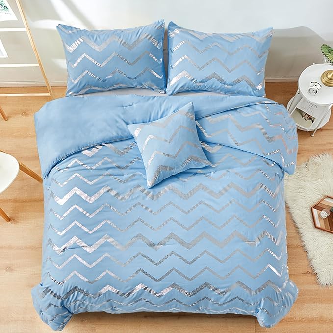 Blue/Silver Comforter Set Queen, Metallic Print Glitter Bedding Set Cute Shinny Bed Sets for Teen Girls Kids Women, 4 Piece (2 Pillowcases, 1 Decorative Pillow Sham)
