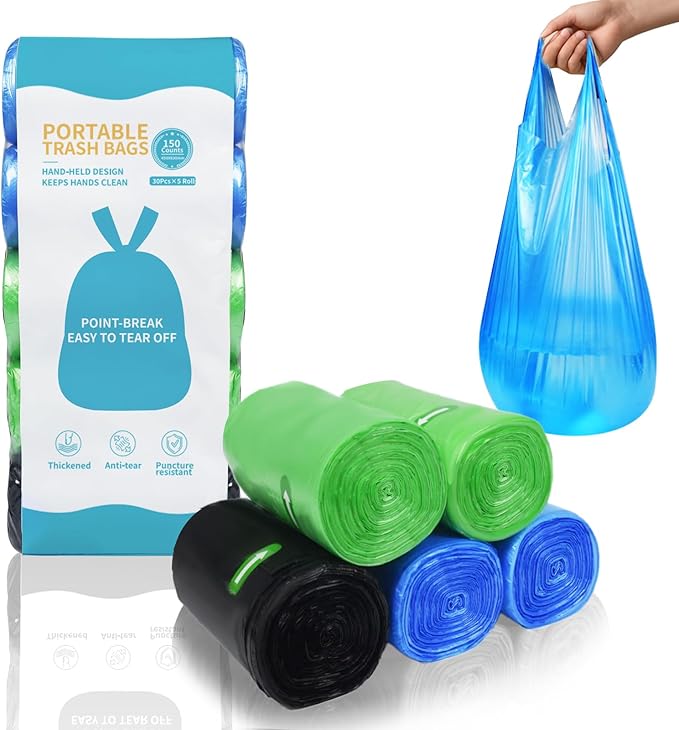 O2frepak 5Rolls 4Gallon Portable Trash Bags,Thicken Small Garbage Bags for Office,Bedroom,Kitchen Waste Bin(150Counts,Colorful)