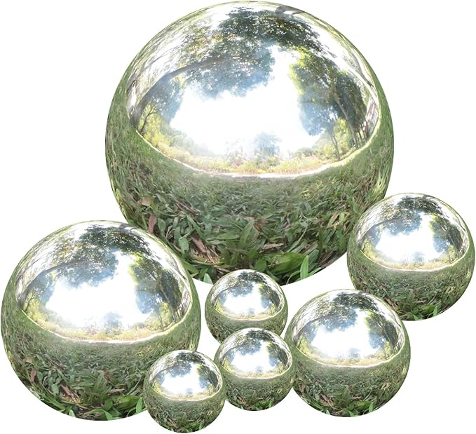 Kesywale Decorative Gazing Ball Set, 7PCS 50-150 mm Gazing Globe Mirror Ball Garden Spheres Centerpiece Balls for Home Outdoor Decor Ornament (Silver)
