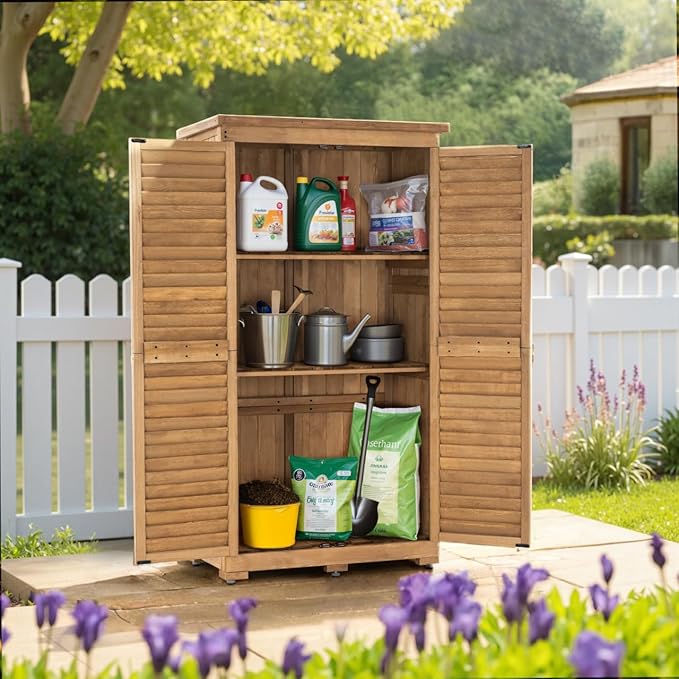 MCombo Outdoor Storage Cabinet, Garden Storage Shed, Outside Vertical Shed with Lockers, Outdoor 63 Inches Wood Tall Cabinet for Yard and Patio 0870 (Natural)