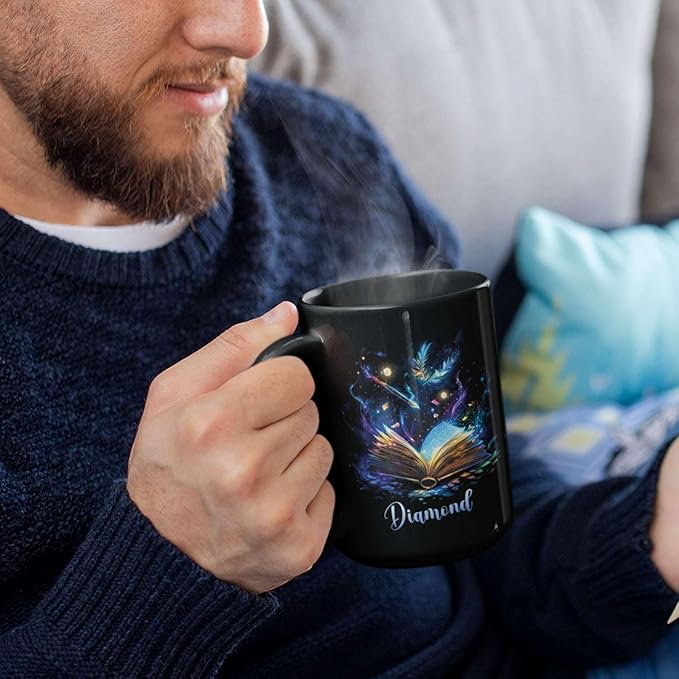 Personalized Sparkling Book Coffee Mug, Custom Name Enchanted Book Design Cup, Customized Fantasy Inspired Ceramic Mug, Gift For Women Men, Book Enthusiasts Black Cup 11oz Or 15oz