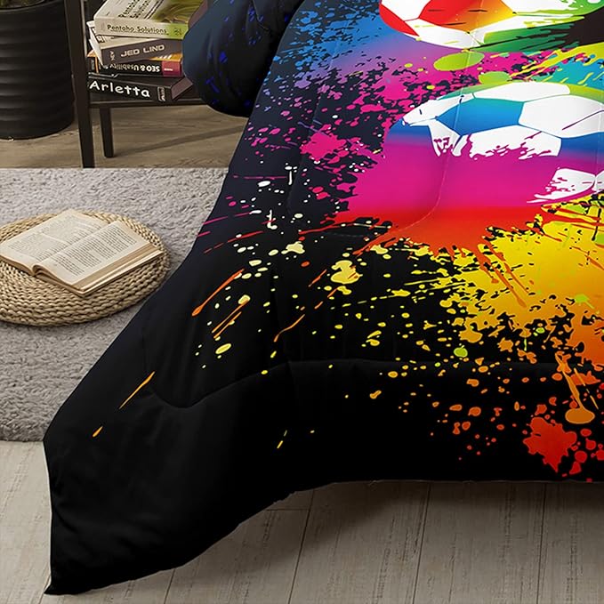 Bodhi Soccer Comforter Set Full,Boys Sports Comforter Set Full,Rainbow Graffiti Football Bedding Set for Boys,Kids,Teens with Matching Pillowcases,Boys Teen Comforter Set Full