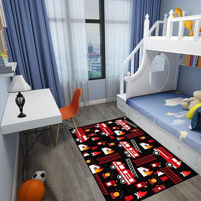 Car Play Rug Fire Fighting Truck Area Rug Car Rug Play Mat Kids Rugs for Playroomcar Rug for Boys Room Carpet Floor Mat for Bedroom Living Room,Black 2'5''×4'