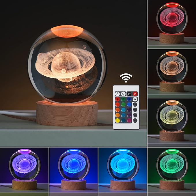 Large 3D Crystal Ball Saturn Lamp, Crystal Lamp 16 Color Changing Night Light with Remote Control for Bedroom Decor, Birthday Gift for Teens Boys and Girls, Saturn Model