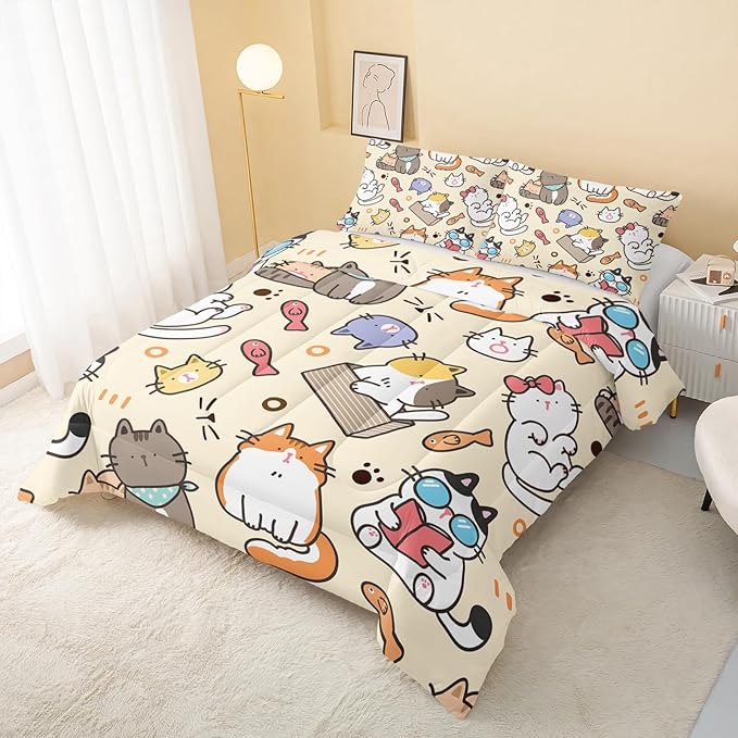 Kawaii Cat Comforter King,Kawaii Animals Comforter Set for Kids Teens Girls,3Pcs Bedding Set Printed Comforter with 2 Pillowcases,Down Alternative,Soft and Lightweight，King Size
