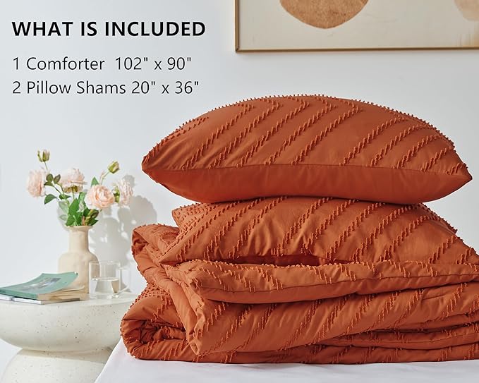 CozyLux King Size Comforter Set Burnt Orange - 3 Pieces Terracotta Boho Tufted Shabby Chic Bedding Comforter Set for All Seasons, Chevron Bedding Sets with Comforter & 2 Pillow Shams