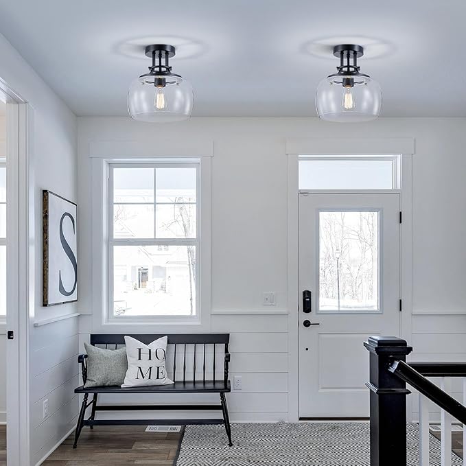 WUZUPS Chandelier Rustic Farmhouse Industrial Round Semi-flushmount Ceiling LED Light Fixture with Clear Glass Shades for Bathroom Kitchen Foyer Entryway, H 10" x W 10", E26 Base, Black
