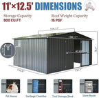11x12.5ft Outdoor Storage Shed with Windows, Galvanized Steel Garden Shed, Lockable Double Doors and 16 Vents, Large Utility Tool Storage for Backyard Patio