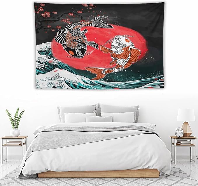 Houselerax Koi Fish Tapestries,Japanese Style Yin Yang Big Wave Cherry Blossoms Tapestry Wall Hanging for Bedroom Living Room Office Decor 60"x40"