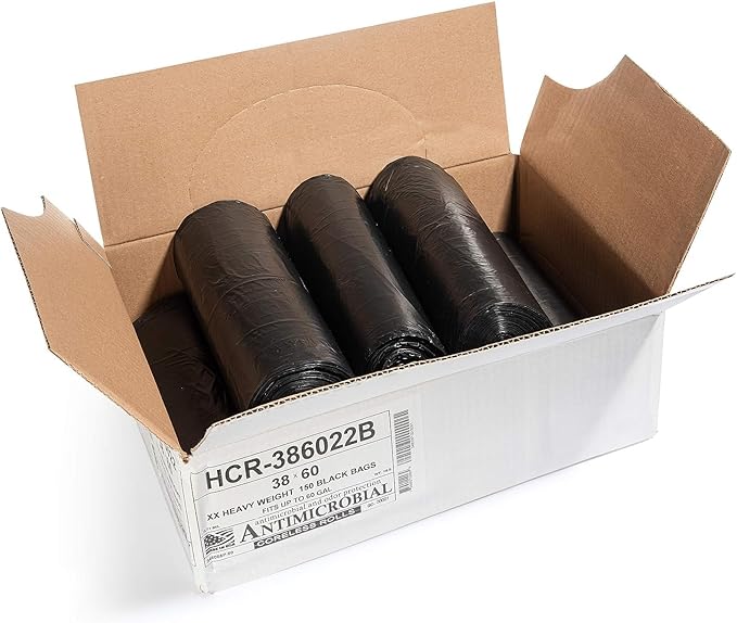 Aluf Plastics High Density Trash Bags, 60 Gallon, 600 Count, 22 Micron (eq), 38" x 60", Black, for Bathroom, Office, Industrial, Commercial, Janitorial, Municipal, Recycling