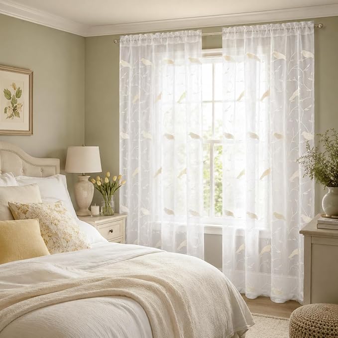 White Rod Pocket Sheer Curtains 96 inches Length, Birds Embroidered Window Curtain Sheer Voile Panels for Living Room & Bedroom, 60x96, Two Panels