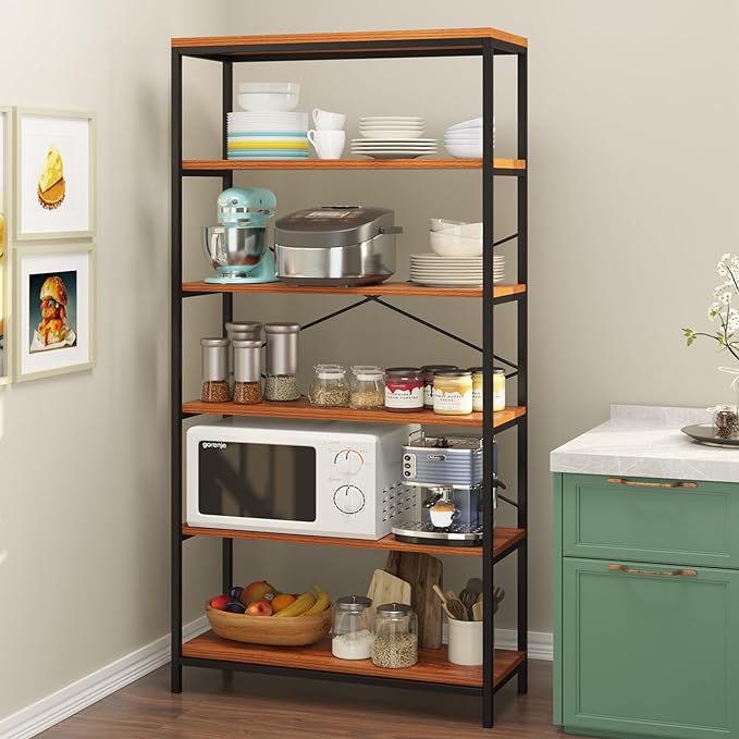 Himimi 6 Tier Industrial Bookshelf, Vintage Standing Storage Shelf, Display Shelving Units, Tall Bookcase, Industrial Metal Book Shelves for Living Room Bedroom and Home Office
