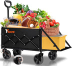 Collapsible Folding Wagon Cart with Tailgate - 300lbs Heavy Duty Foldable Utility Wagon and Brake Wheels - 100L Lightweight Grocery Wagons for Shopping Camping Sports Garden, Black