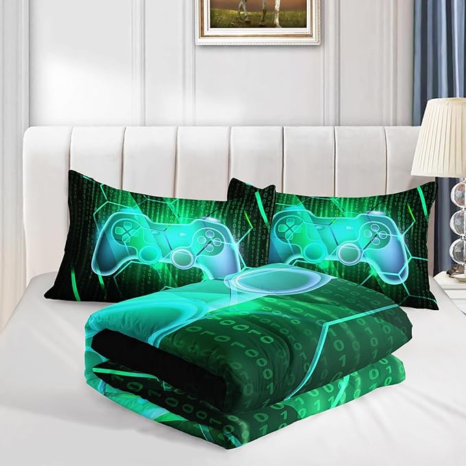 Axolotl Gamepad Comforter Set Full Size,Number Video Gaming Gamer Bedding Set,Boys Game Console Comforter Set,Geometry Hexagonal Bedding Set for Teens Men Adults,1 Quilt 2 Pillowcases,Green Black
