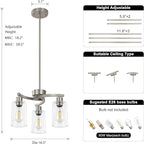 3-Light Brushed Nickel Dining Room Light Fixture,Modern Kitchen Chandeliers Over Table，Adjustable Height Industrial Hanging Pendant Lights for Kitchen Island with Glass Shade