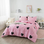 Love Pattern Girls Pink Comforter Set Queen Size, Blush Pink Cute Love Heart Sexy Comforter Bedding Set for All Seasons, Geometric Soft Microfiber 3 Pieces Comforter Set with Pillowcases