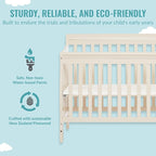 Aden 4-in-1 Convertible Mini Crib In French White, Greenguard Gold Certified, Non-Toxic Finish, New Zealand Pinewood, With 3 Mattress Height Settings