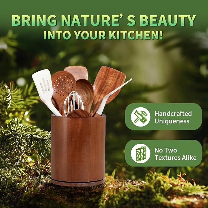 Walnut Utensil Holder, 360° Rotating 7.3 in Kitchen Organizer | Rustic farmhouse countertop decor. 360° rotating base holds spatulas, ladles, tongs, and cooking tools. Rich walnut finish