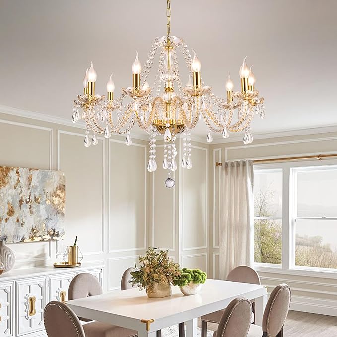 Modern Elegant 10 Lights K9 Crystal Glass Chandelier Golden Pendant Ceiling Lighting European Style for Dining Living Room Bedroom Transparent, 10 E12 Bulbs Required