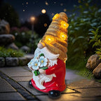 Outdoor Garden Gnomes Statue, Bee Flower Gnome Sculpture, with Solar LED Lights for Yard, Patio, Lawn Ornaments for Garden, Patio Gnome Gifts for Mom