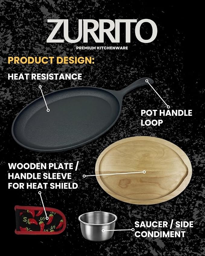 2x Fajita Skillet with Saucers, Cast Iron Hot Plate, Fajita Kit, Sizzling Plate with Wooden Base, Fajita Skillet Set, Sizzle Platter, Cast Iron Serving Dishes, Steak Plates for Eating