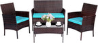 Patio Furniture Set,4 Piece Garden Conversation Set, Outdoor Wicker Rattan Table and Chairs, Black Patio Set, Sectional Sofa with Thick Cushion for Garden, Yard, or Porch (Brown/Blue)