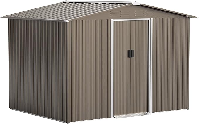 8FT x 6FT Outdoor Storage Shed, Waterproof, Lockable Door Metal Tool Shed with Sliding Door and Air Vents, Storage House for Gardening Tools, Metal Storage Shed for Garden, Backyard, Lawn