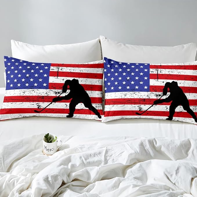 Erosebridal American Flag Comforter Set Queen, Hockey Bedding Set United States Sports Games Down Comforter for Kids Boys Teens Bedroom, Red White Geometric Stripes Duvet Sets with 2 Pillowcases