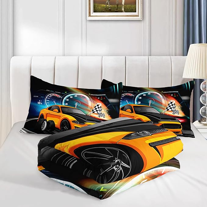 Axolotl Race Car Bedding Set Queen Size,Boys Extreme Sports Comforter Set for Kids Boys Car Racing Gifts,Yellow Cool Car Comforter Car Sports Quilt Set 1 Comforter with 2 Pillowcase Car Racing Gifts