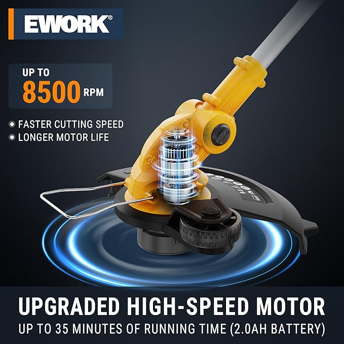 EWORK 20V 12-Inch Electric String Trimmer Cordless, 2.0Ah Battery Powered Weed Eater, 2 in 1 Trimmer and Edger with Auto Line Feed, Electric Weed Wacker for Lawn, Garden, Yard, etc