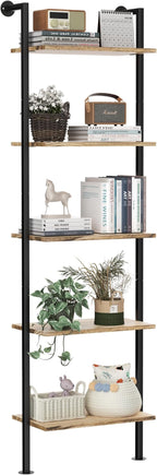 5-Tier Bookshelf Solid Wood Ladder Shelf, Narrow Book shelf Display Shelf, Wooden Ladder Shelf Bookcase, Wall Mount Ladder Shelf, Storage Rack for Living Room, Bedroom, Industrial Style, Rustic Brown