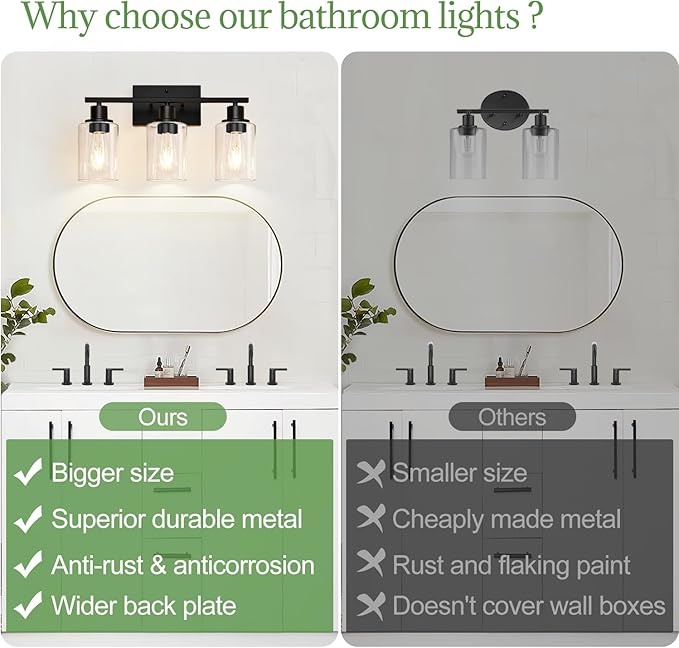 3 Light Bathroom Light Fixtures, Matte Black Modern Vanity Lights with Clear Glass Shade, Bathroom Wall Lamp for Mirror Kitchen Living Room Hallway Cabinet Porch