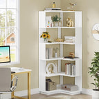 Corner Bookshelf, 64.9 Inch Tall Bookcase with Anti-Drop Panel, Modern Freestanding Corner Shelf Display Rack Storage Organizer for Home Office, Living Room, White