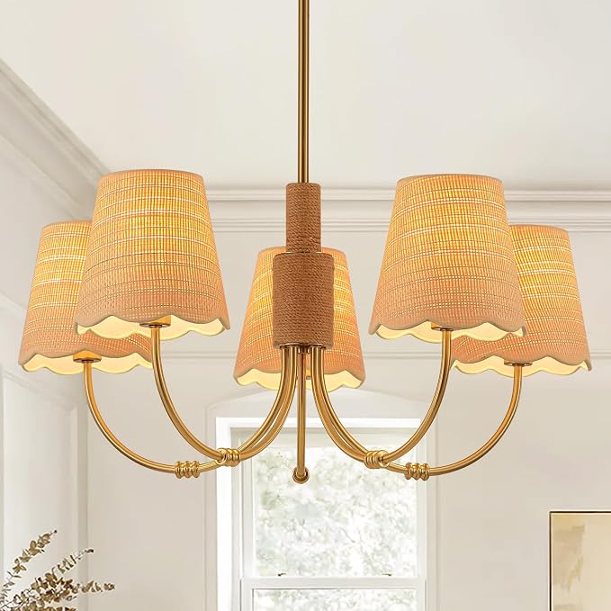 Boho Rattan Chandelier with Fabric Shade, Antique Gold Brass Farmhouse Chandeliers, 5-Lights Coastal Gold Pendant Light Fixtures for Dining Room Kitchen Island Living Room Hemp Rope