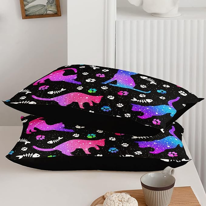 Cute Cat Comforter Kids Bedding Set Twin,3Pcs Soft Paw Fish Bone Print Quilt Set Bed in A Bag with 1 Comforter 2 Pillowcases for Kids Boys Girls Teens Adults Room Decor All Season Gradient Purple Blue