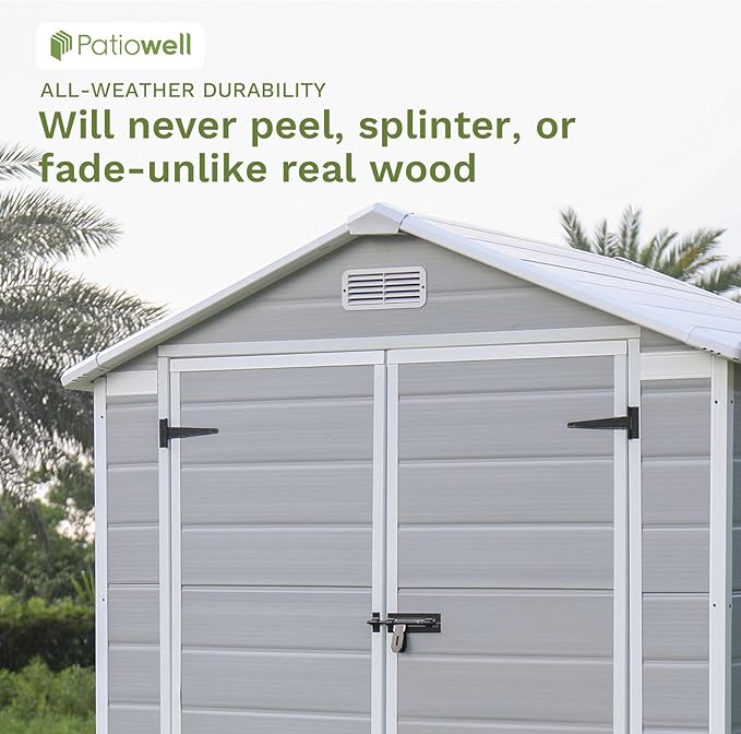 Patiowell 6x4 FT Plastic Outdoor Storage Shed, Resin Outside Shed Perfect to Store Patio Furniture, GardenTools Bike Accessories, Beach Chairs and Lawn Mower, Light Grey