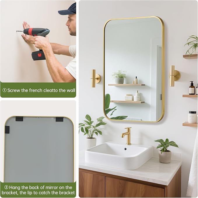 FARMER 26x38 Inch Gold Bathroom Mirror, Rectangle Vanity Mirror, Brushed Mirrors for Wall, Metal Frame Hanging Mirror with Round Corner for Bedrooms, Entryways, Living Rooms, Horizontal/Vertical
