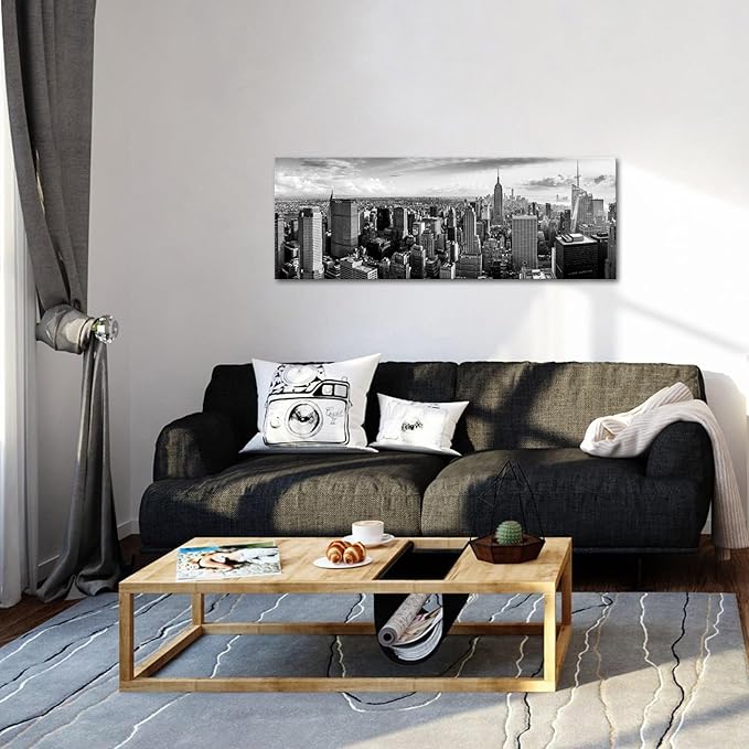 LevvArts New York Canvas Wall Art Black and White City Skyline Picture Panoramic Photo Canvas Print Modern Home Office Living Room Wall Decoration Ready to Hang 20"x55"