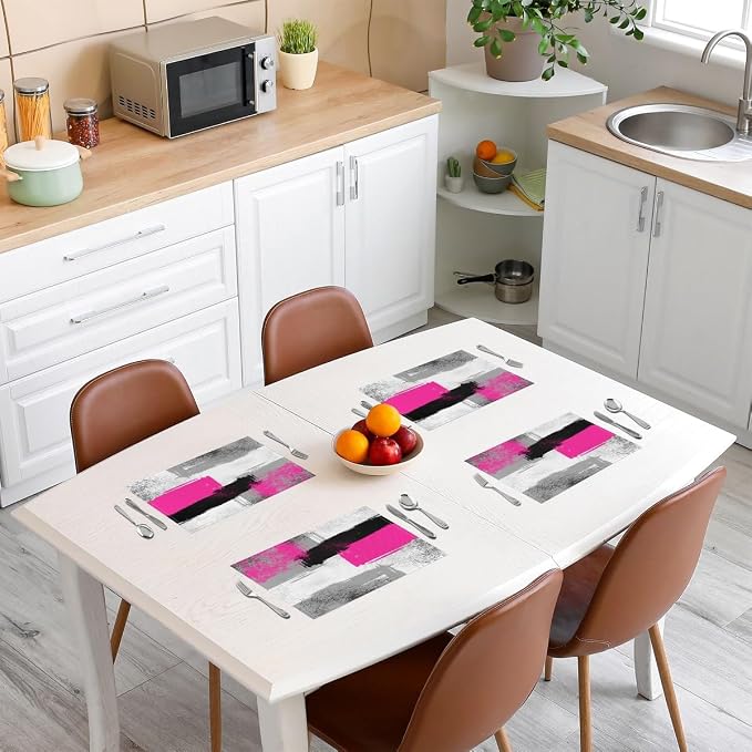 Feelyou Hot Pink Black Grey White Placemats Set of 4 for Kids Boys Girls Abstract Placemat for Kitchen Dining Table Decor Indoor Outdoor 18"x12" Ombre Modern Table Place Mats, Decor Buffalo Check