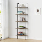 5 Tier Ladder Shelf Bookcase, Extra Sturdy Modern Bookshelf Wall Mounted, Tall Black Open Book Shelf, Standing Industrial Metal Frame with Wooden Shelves, 67“ (H) × 17(W)