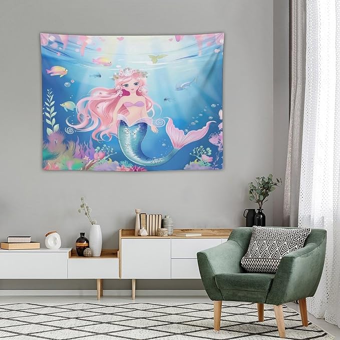 HZOHNAGO Mermaid Girls Tapestry Watercolor Mermaid Princess Pattern Printed Wall Tapestry Wall Hanging for Bedroom Living Room Dorm 40" W x 30" H