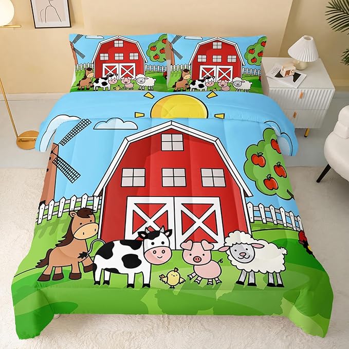 Farm Animals Comforter,Farmhouse Comforter Set for Kids Teens Girls Boys,Cartoon Animals 3Pcs Bedding Set Printed Comforter with 2 Pillowcases,Down Alternative,Soft and Lightweight，King Size