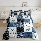 Cute Deer Comforter Set Twin, Military Camo Bedding Set for Kids Boys Teens Bedroom Tribal Animal Antlers Silhouette Quilted Comforter Checkered Plaid Arrows Bedding Comforters, Army Blue and White