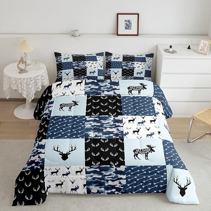 Cute Deer Comforter Set Twin, Military Camo Bedding Set for Kids Boys Teens Bedroom Tribal Animal Antlers Silhouette Quilted Comforter Checkered Plaid Arrows Bedding Comforters, Army Blue and White
