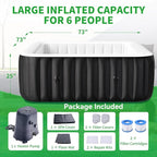 4-6 Person Inflatable Blow Up Hot Tub, Square Portable Hot Tub, Leak-Proof PVC Outdoor Spa with 130 Strong Air Jets, Heater Pump and Insulated Cover, 73” X 73”X 25”