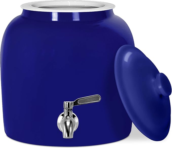 Geo Sports Porcelain Ceramic Crock Water Dispenser, Stainless Steel Faucet, Valve and Lid Included. Fits 3 to 5 Gallon Jugs. (Solid Blue)