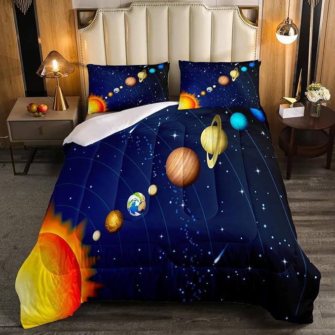 Erosebridal Boys Outer Space Down Comforter, Kids Galaxy Nebula Comforter Set Full Size, Starry Sky Cosmos Bedding Set for Children Girls, Solar System Starry Landscape Quilted Duvet, Blue Purple