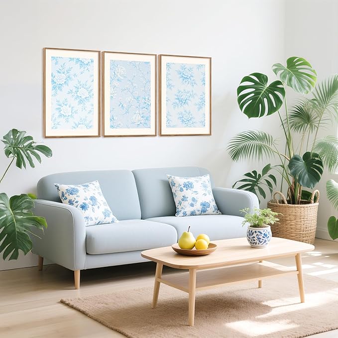HPNIUB Large Classic Chinoiserie Floral Framed Canvas Wall Art Set, Watercolor Blue and White Flower Rose Wall Decor, Blue Minimalist Wildflower Art Print for Living Room,Bedroom,Office-16 x24 x3